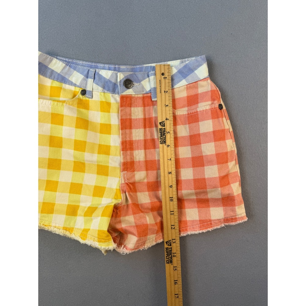 Farm Rio for Anthropologie Gingham Colorblock Denim Shorts Yellow Orange XS NEW - Picture 3 of 8